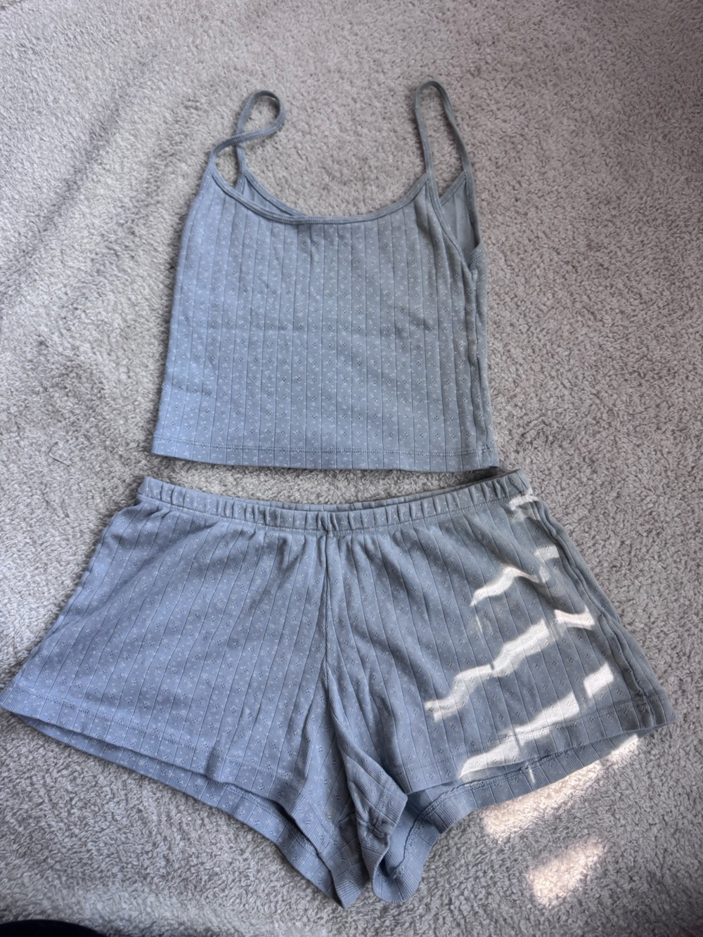 Brandy Melville Light Blue Eyelet Ribbed Camisole Set